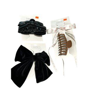 Full Tilt 4 Velvet Bow & Claw Hair Clip Set Black White Accessories New